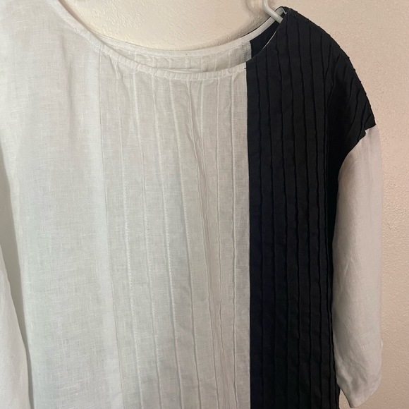 peck&peck Color Block Linen Short Sleeve Blouse size L Black White Boxy - Picture 4 of 7